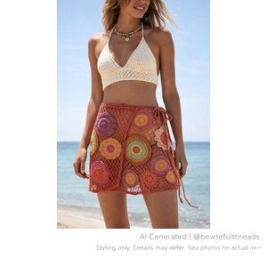 Boho Crochet Floral Mesh Wrap Skirt Festival Beach Cover Up M